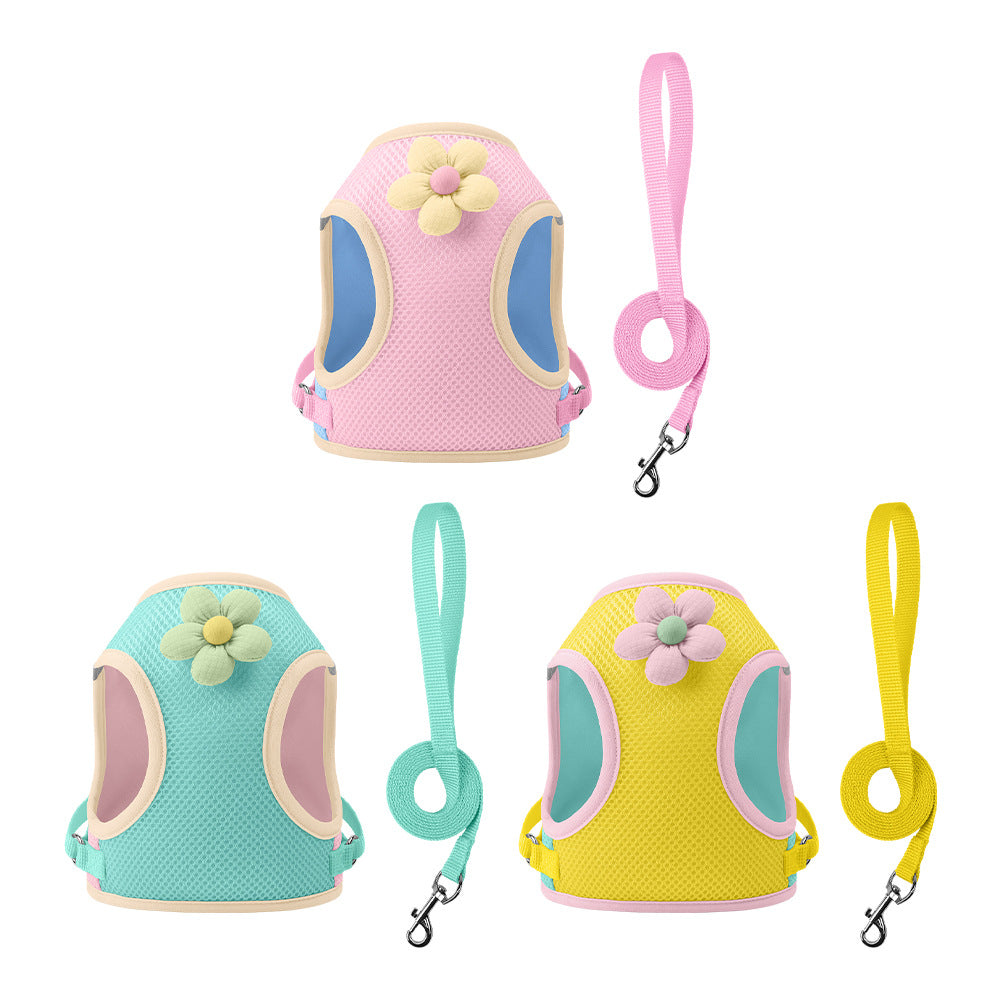 Cute loral Mesh Dog Harness with Matching Leash, Summer Lightweight Pet Vest, 3 Colors Available